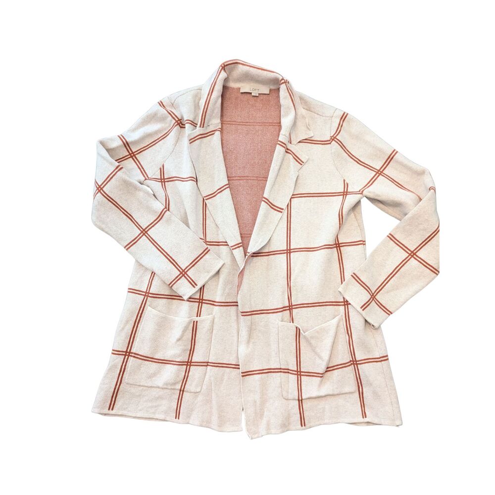 Loft | Women's Large | Cream / Burnt Orange Plaid Blazer Cardigan Jacket